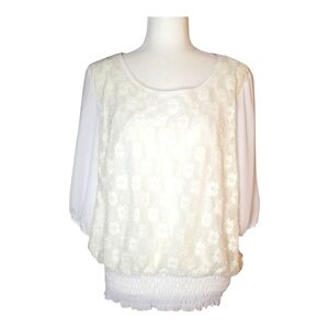 MOA USA White Boxy 3/4 Sleeve Lacey Blouse